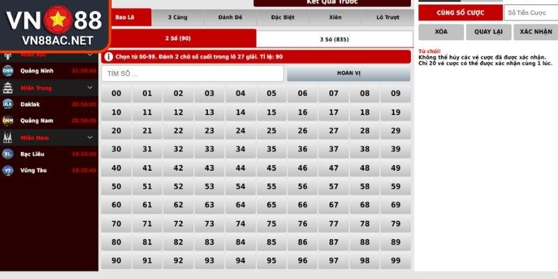 Bắt xổ số 3 miền VN88 theo cặp số trên dưới